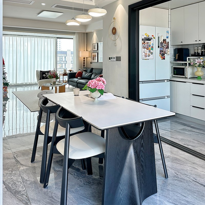 黑色实木餐桌家用小户型饭桌现代B简约法式复古长方形实木岩板餐