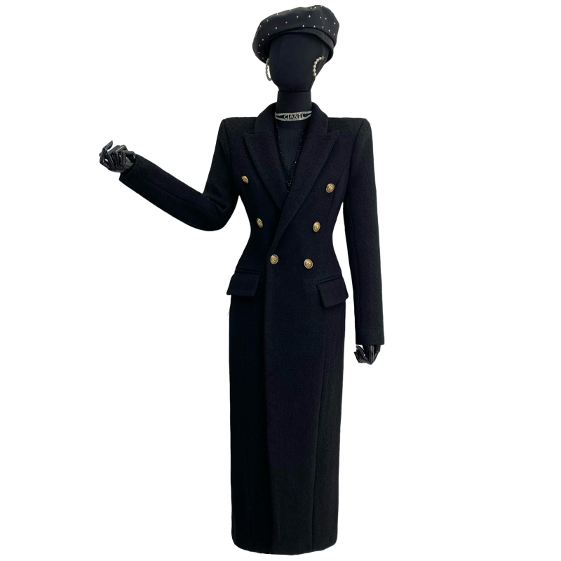 品诺狐黑色加厚毛呢大衣外套冬季新品女士修身显瘦高端长款呢大衣