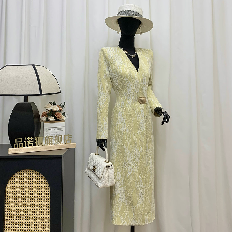 品诺狐2025春秋柠檬黄小众轻奢韩版重工蕾丝提花百搭长款风衣外套,女装/女士精品,风衣,淘宝优惠券,粉丝福利购,淘宝优惠卷
