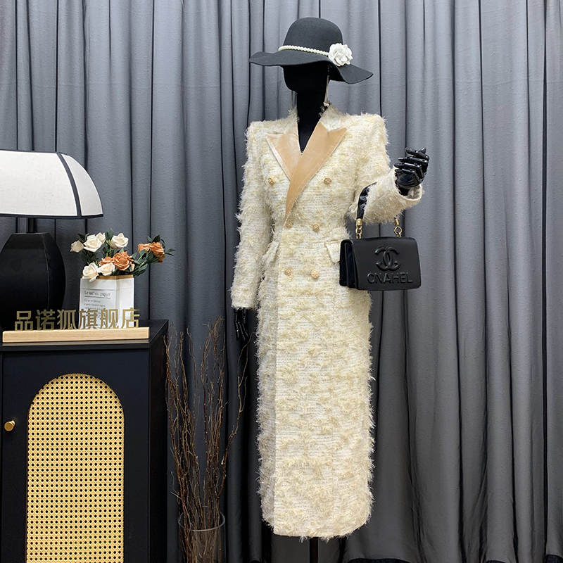 品诺狐2025冬季加棉加厚棉服女士双排扣修身显瘦外套米色长款大衣