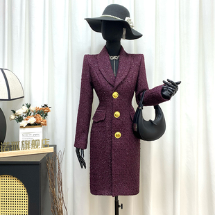 品诺狐紫红色加棉加厚毛呢风衣外套冬季保暖精编女士休闲呢子大衣