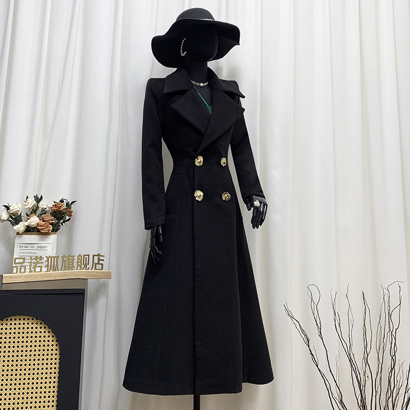 品诺狐黑色加长款大摆毛呢大衣冬季新品加厚保暖双排扣修身外套女