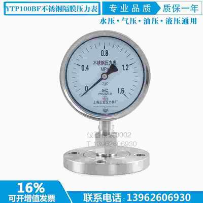 YTP-100BF 1.6MPa DN40 隔膜压力表 全不锈钢法兰隔膜压力表