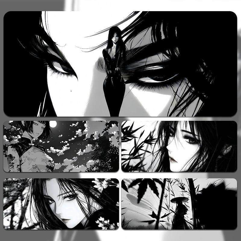 黑白风般若美女动漫鼠标垫高级感超大号电竞游戏办公家用键盘桌垫