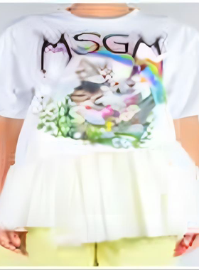 MSGM SS21 蕾丝拼接猫咪彩虹印花纯棉圆领短袖T恤 女款 白色