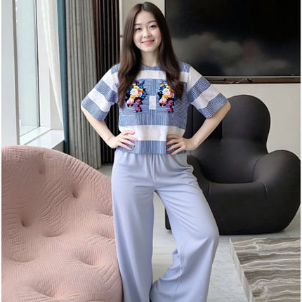 MSGM蕾丝提花条纹时尚套头女式短袖衬衫