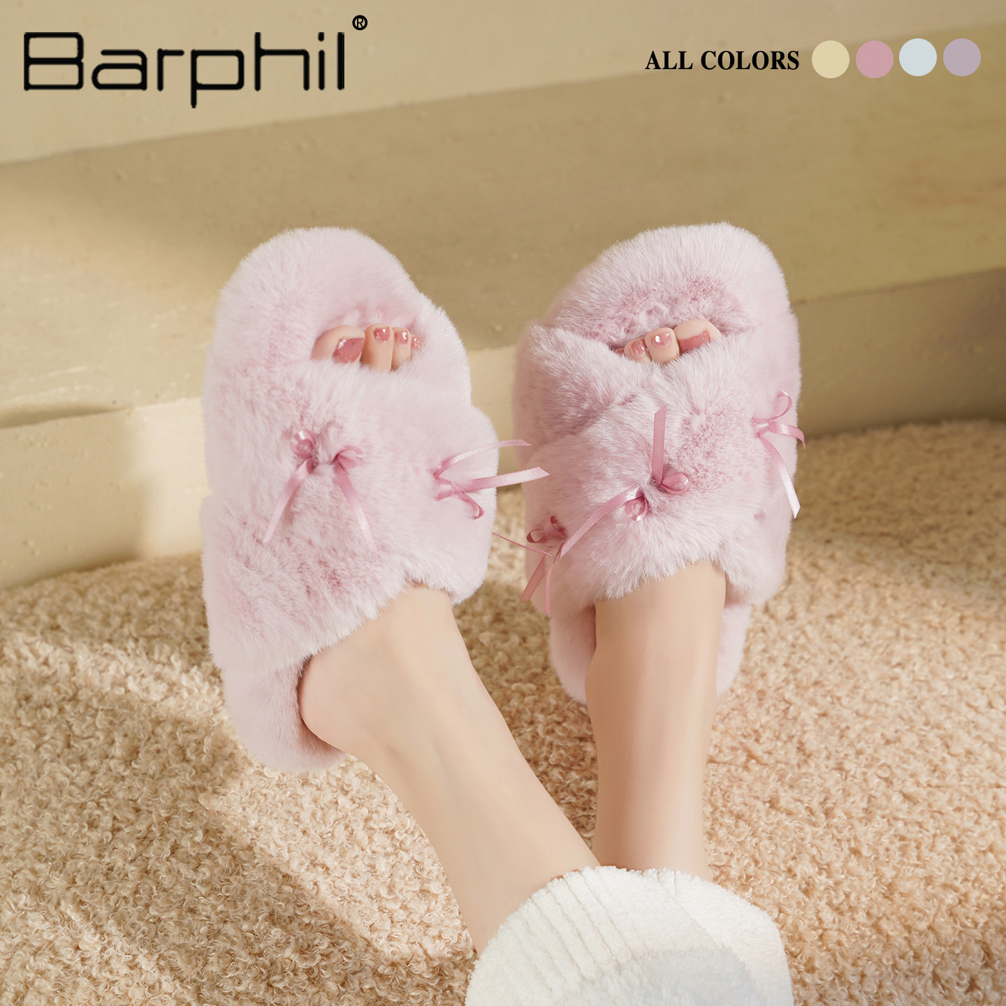 Barphil拖鞋女2026新款秋冬季室内家居防滑可爱小蝴蝶结毛毛甜美