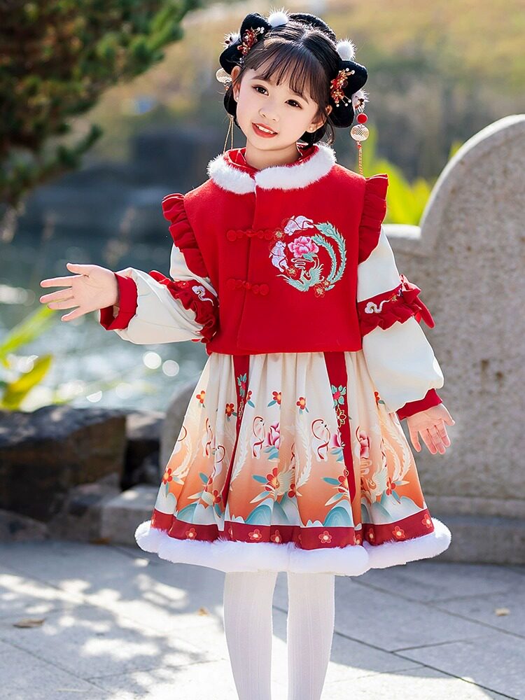 新款超仙女童拜年服喜庆加绒加厚汉服