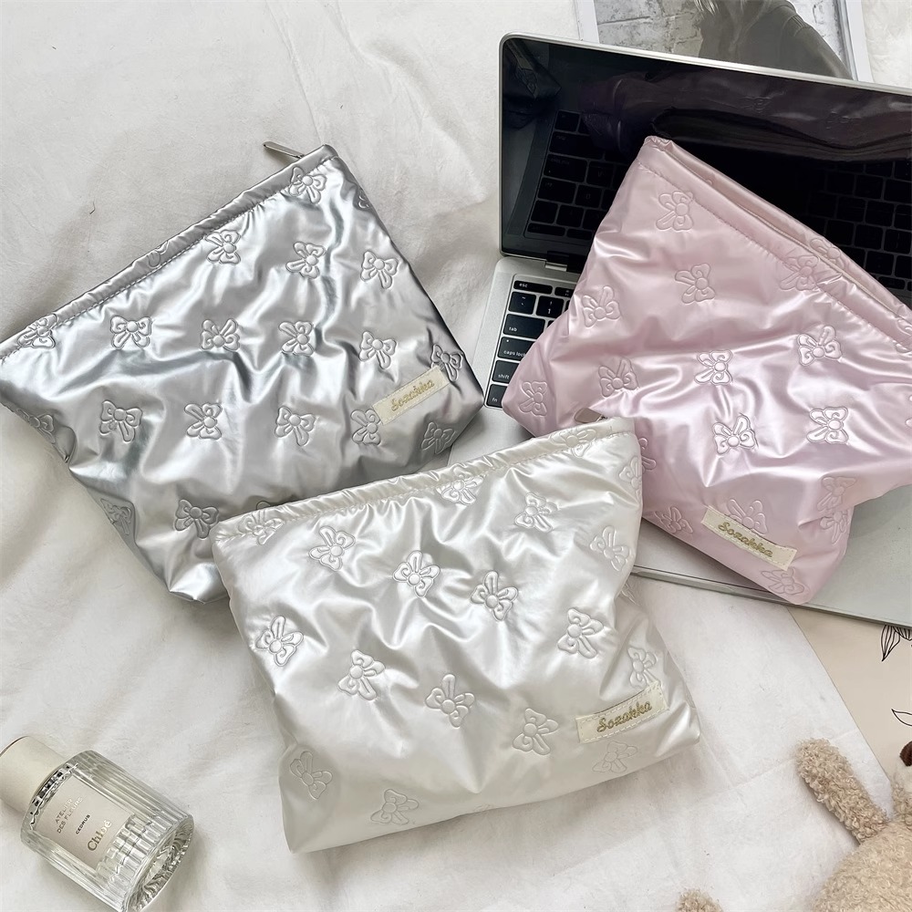 韩系小众pu蝴蝶结夹棉斜挎小包手机包珍珠链条随身迷你化妆包袋