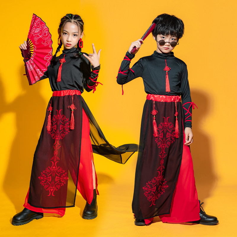 好货儿童中国风街舞爵士演出服男童复古女童旗袍走秀古典舞古筝表