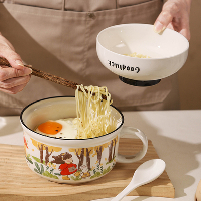 泡面碗带盖宿舍学生陶瓷泡面杯带手柄可微波炉食堂打饭碗个人专用