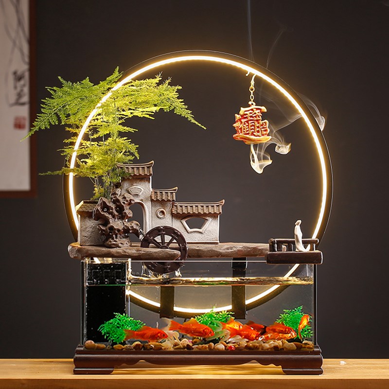 风水轮水车招财流水摆件循环水桌面小型鱼缸造景全套茶室禅意装饰