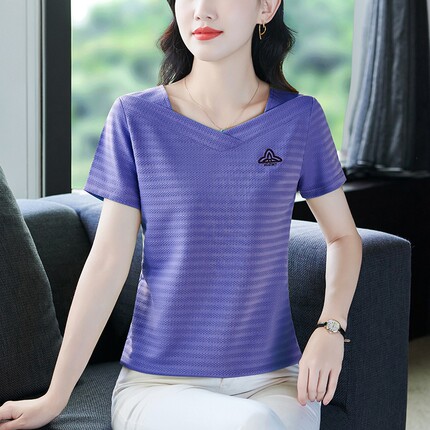 冰丝短袖t恤女夏季2025新款母亲节气质妈妈大码显瘦减龄上衣