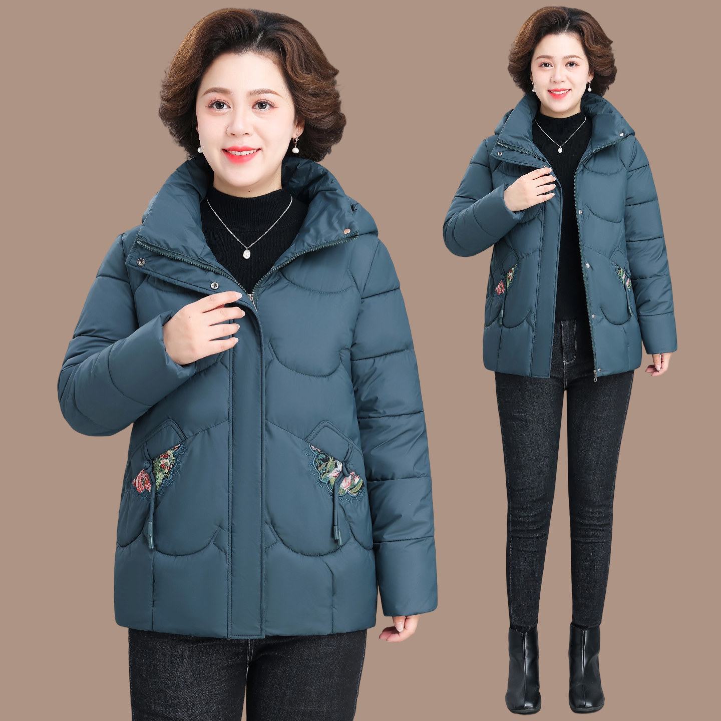 2025新款中老年女士棉服连帽刺绣保暖棉衣外套妈妈装厚棉袄子