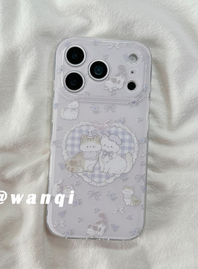 软萌紫色格纹猫咪适用苹果手机壳iphone17promax高级感13/14硅胶16Pro保护套15新款全包边防摔女软可爱小众韩