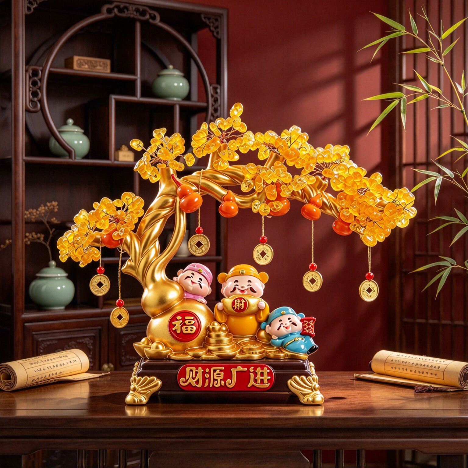 财源广进财神爷招财树桌面摆件金色葫芦客厅店铺装饰乔迁开业礼物