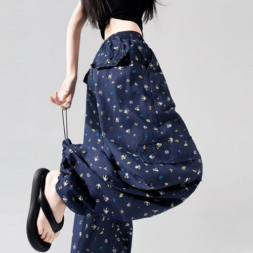 碎花工装裤女夏季薄款大码美式