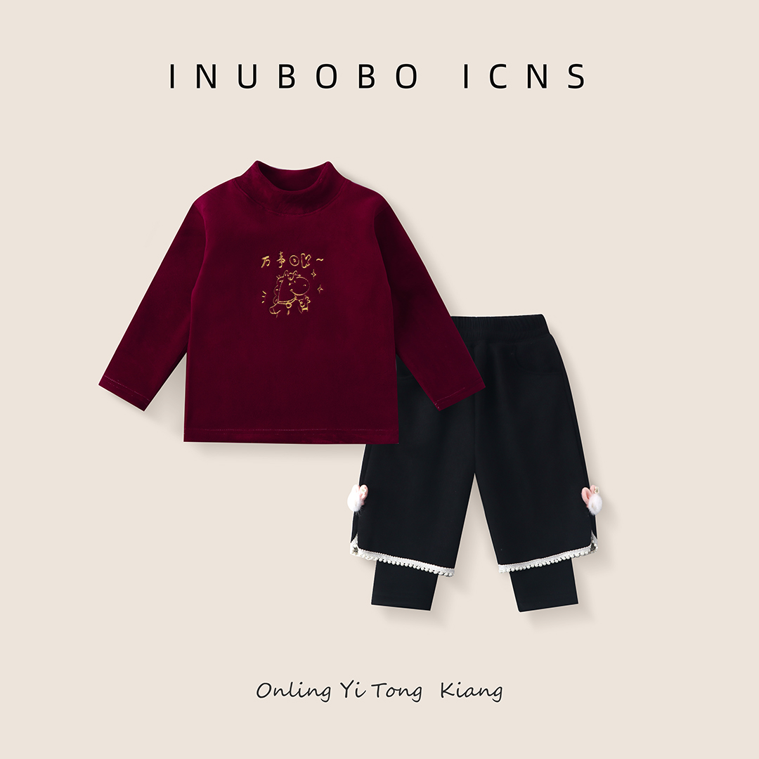 儿童冬季加绒一体绒宝宝新年服卫衣套装加绒加厚韩版假两件裤子