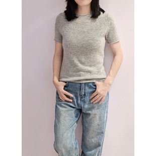 100%羊绒7针圆领卷边短袖套衫