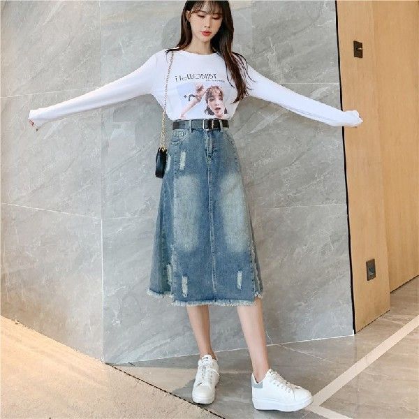 新品S-5XL New Women Long Denim Skirt Summer Fashion Frayed H