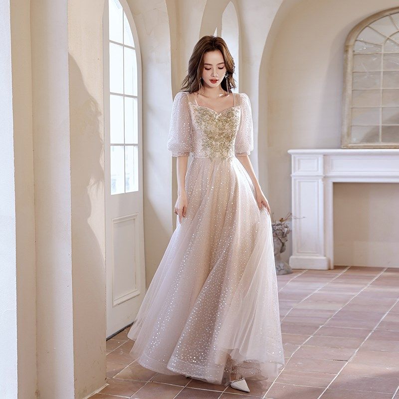 大码高端晚礼服女胖mm宴会气质显瘦加肥长款主持人年会亮片礼服裙