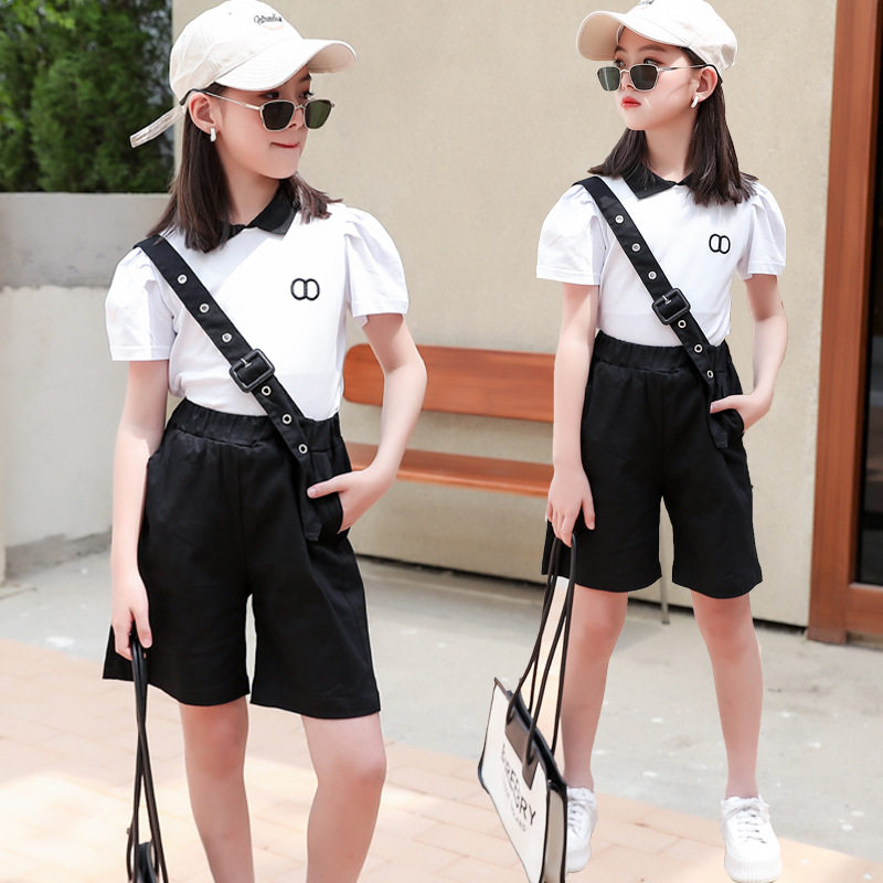 好货2022童装女童背带裤套装2022年夏季新款中大童宽松两件套潮流