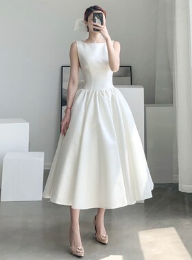 白色小礼服轻婚纱缎面领证登记小白裙平时可穿名媛高端订婚连衣裙