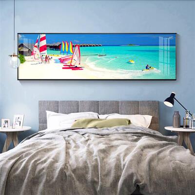 极速卧室装饰画床头风景单幅挂画酒店房间背景墙海景帆船蓝色壁画
