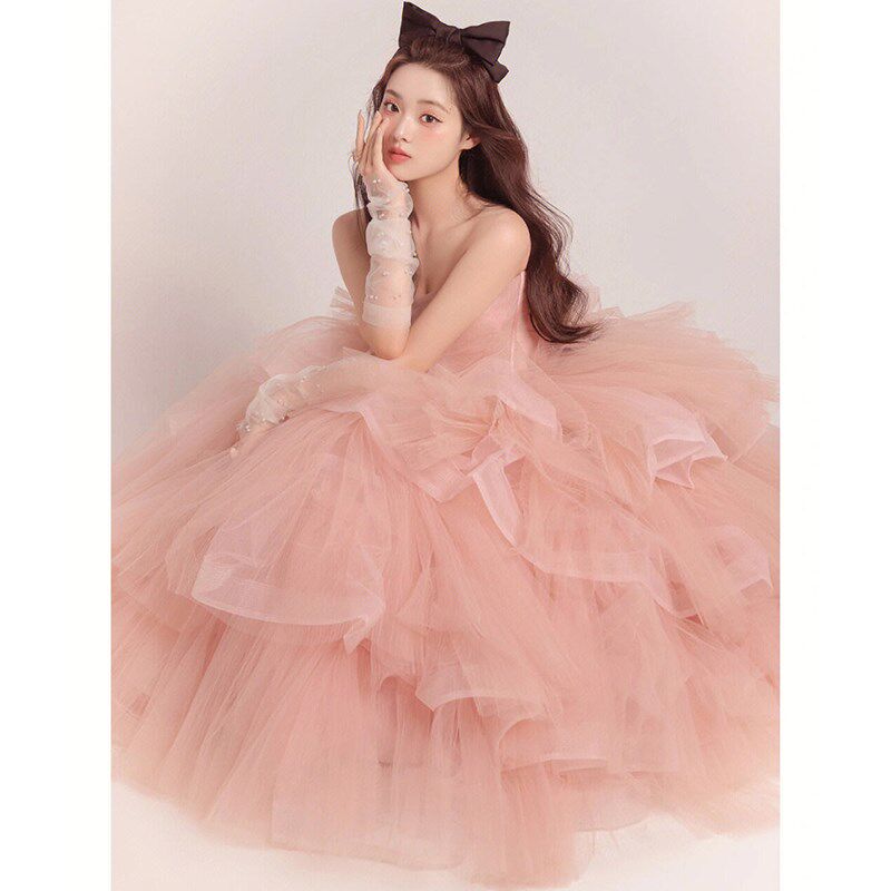 粉色法式蓬蓬纱演出服抹胸轻奢生日公主风蛋糕裙晚礼服影楼服装女