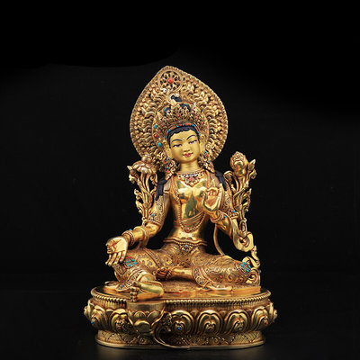 绿度母佛像藏传尼泊尔手工纯铜鎏金密宗佛堂摆件度母像10寸