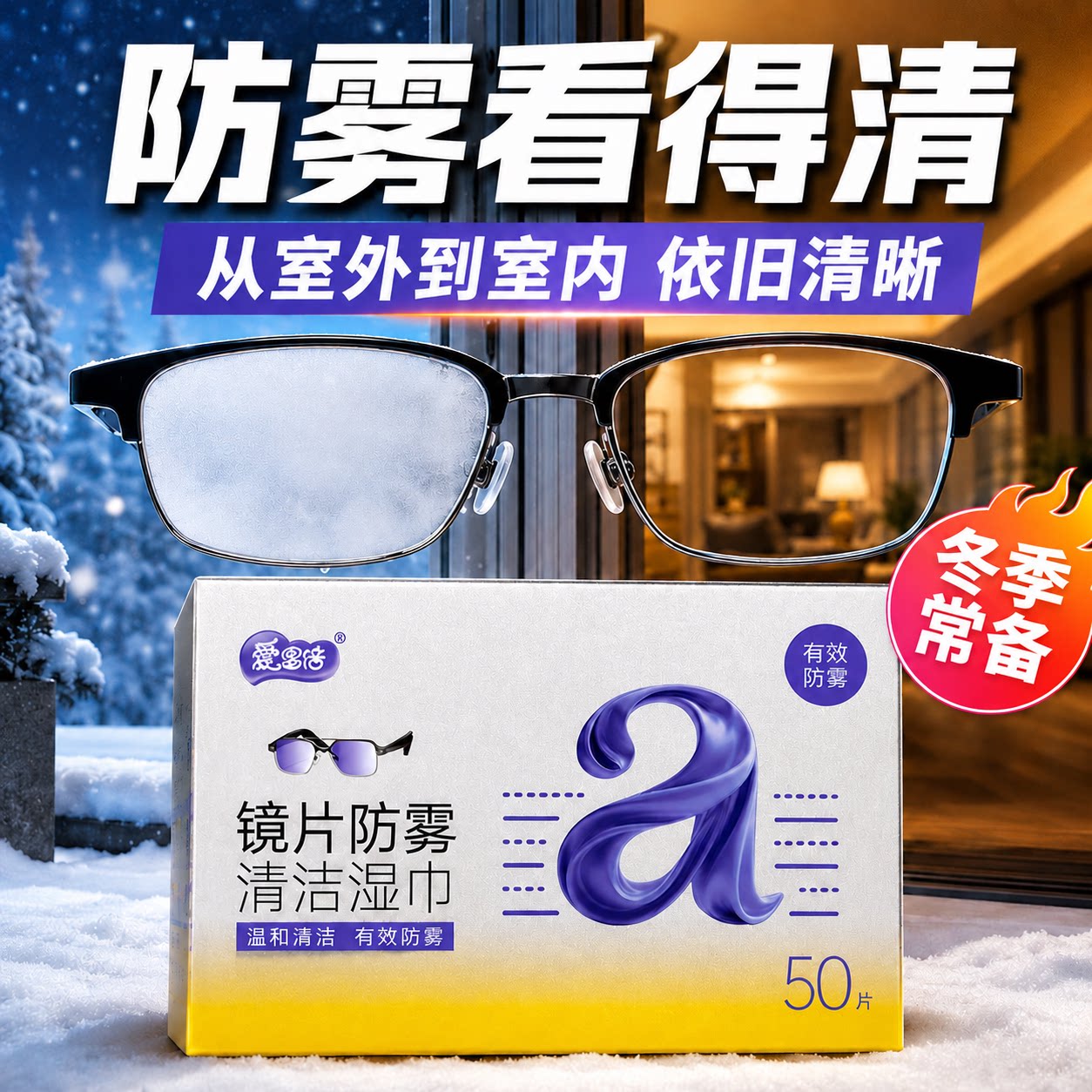 爱恩倍眼镜清洁湿巾擦眼镜纸冬天一次性防雾眼镜布专用擦拭镜片