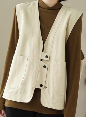 新品复古b个性全棉工装马甲小外套女春夏外搭坎肩显瘦休闲V领马夹