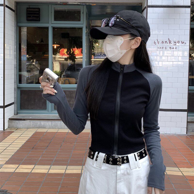 新品美式插c肩义乌打底衫女春内搭修身长袖短款高腰T恤工装裤搭配