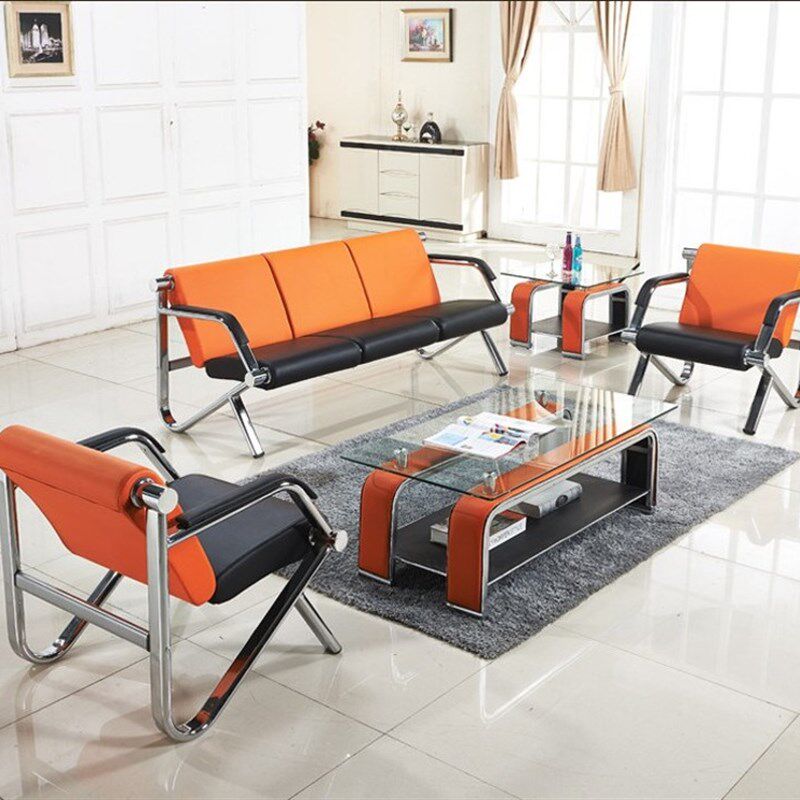 新品简易办公室沙发茶几组合简约不锈钢接待办公沙U发五金铁钢架