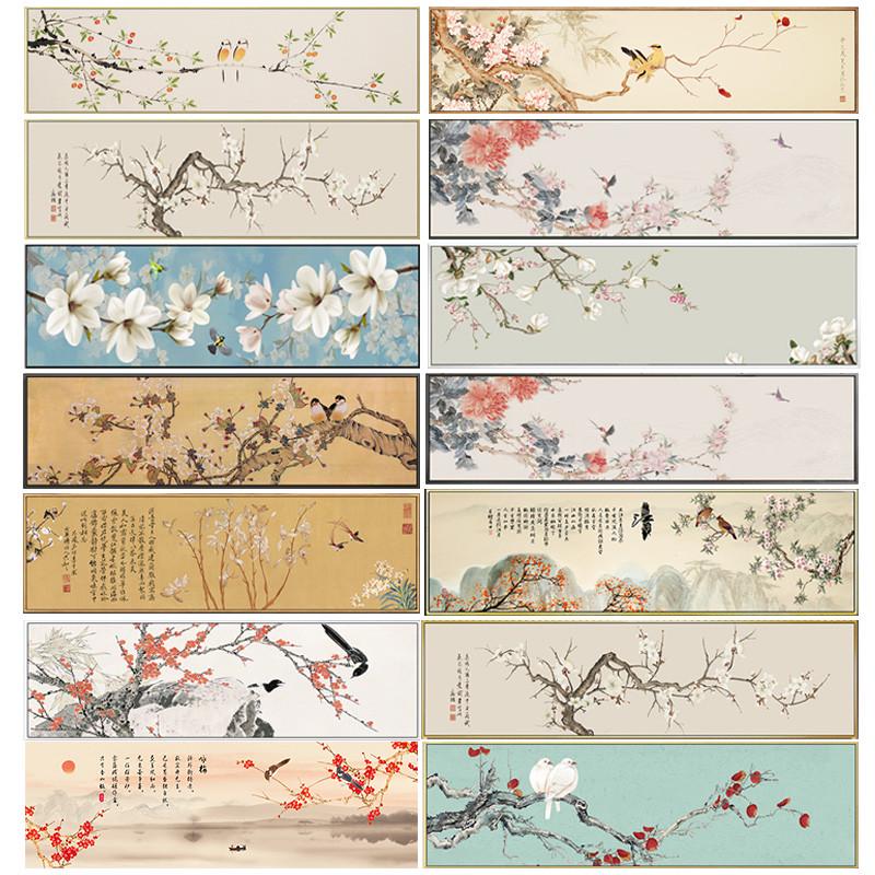 中式花鸟图床头装饰画梅花桃花酒店卧室背景壁画喜上眉梢自粘贴画