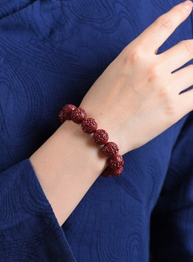 新品原矿朱砂紫金砂回纹珠单圈手链 高含量L朱砂回纹雕刻手串 包