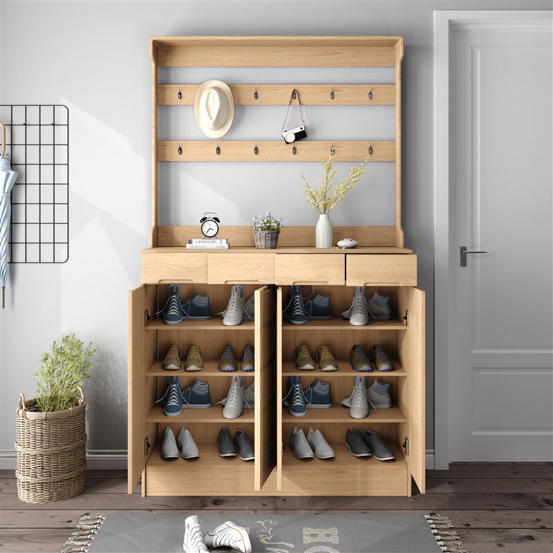 极速实木鞋柜带挂j衣架一体多功能松木玄关柜家用门口大容量门厅