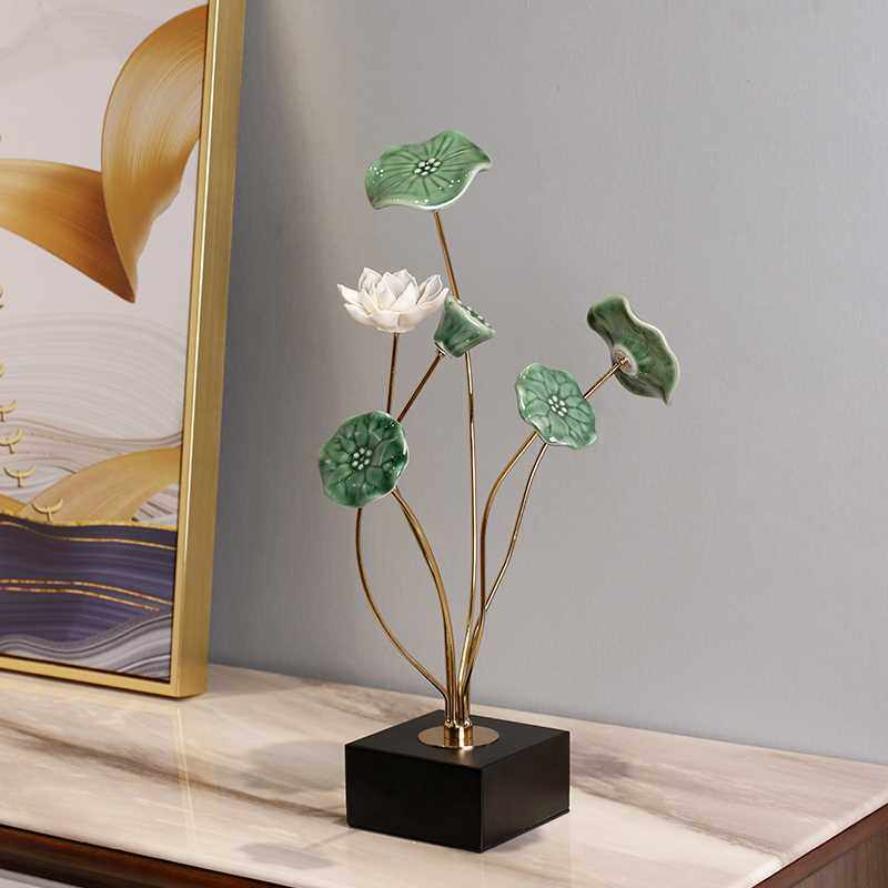 极速荷花摆件茶室陶瓷装饰品家居客厅酒柜高端清S新雅致新中式轻