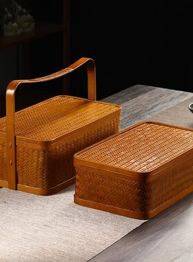 极速竹编茶具收纳盒内衬分隔篮z手工带盖子提篮复古篮食盒可携式