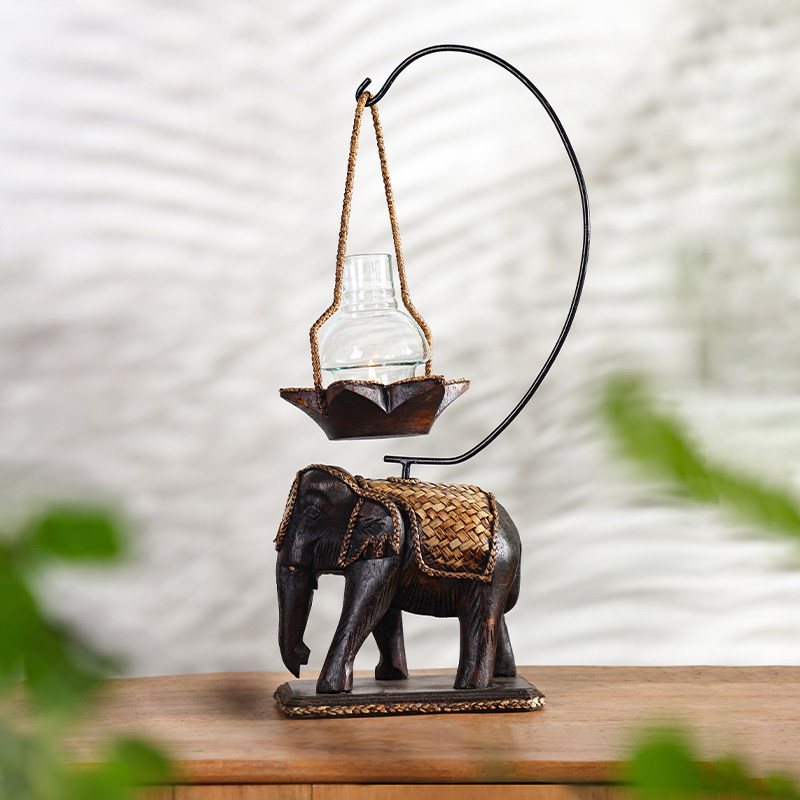 新品泰国a小象烛台风灯复古东南亚玻璃罩蜡烛台户外防风马灯庭院