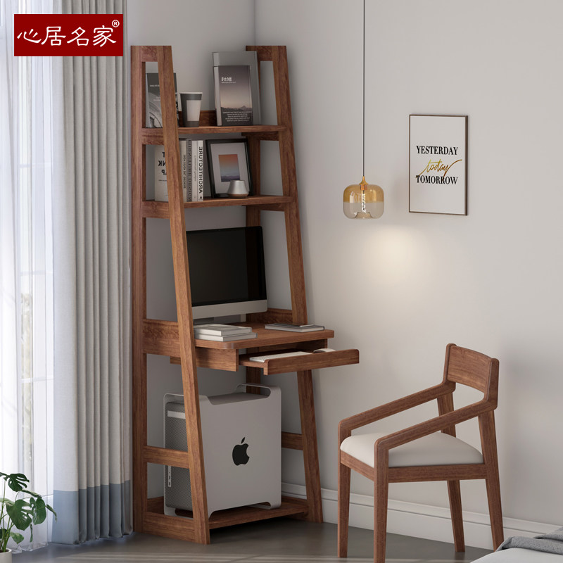 全实木书桌书架组合简易小户型卧室床头边电脑桌带书柜一体写字桌