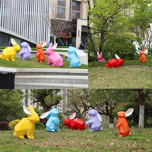 卡通几何兔子摆件园林装饰品户外大型创意景观玻璃钢落地组合雕塑