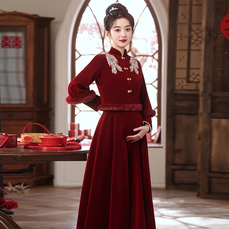 大码敬酒服新中式复古o晚礼服孕妇新娘高腰遮肚订婚连衣裙冬季加