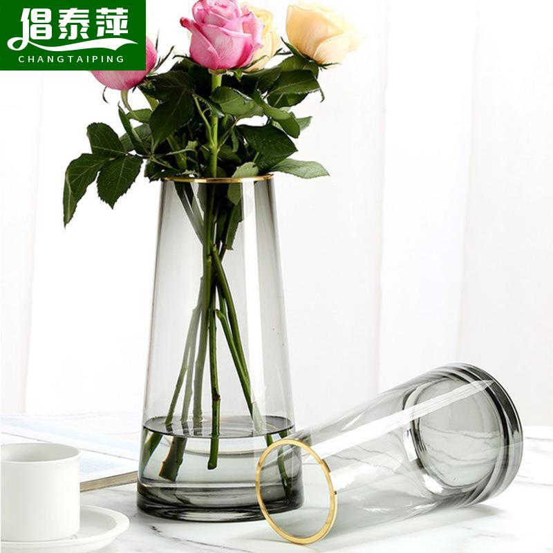 极速欧式简约金边玻璃花q瓶 描金T型摆件客厅家居水培插花透明装