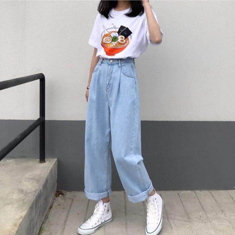 极速Jeans Wfomen Solid Vintage High Waist Wide Leg Denim Tro