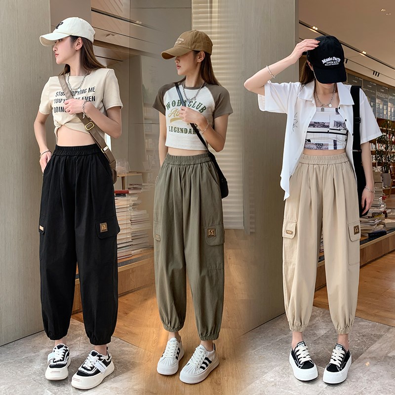 速发军绿色工装灯笼裤女夏季小个子宽松束脚休闲裤高腰显瘦九分哈
