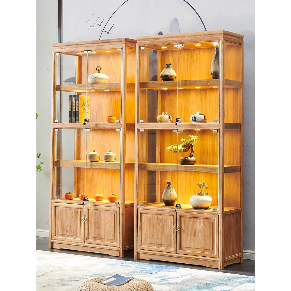 新中式老榆木玻璃展示柜茶叶珠宝陶瓷文玩书柜实木博古架陈列组柜