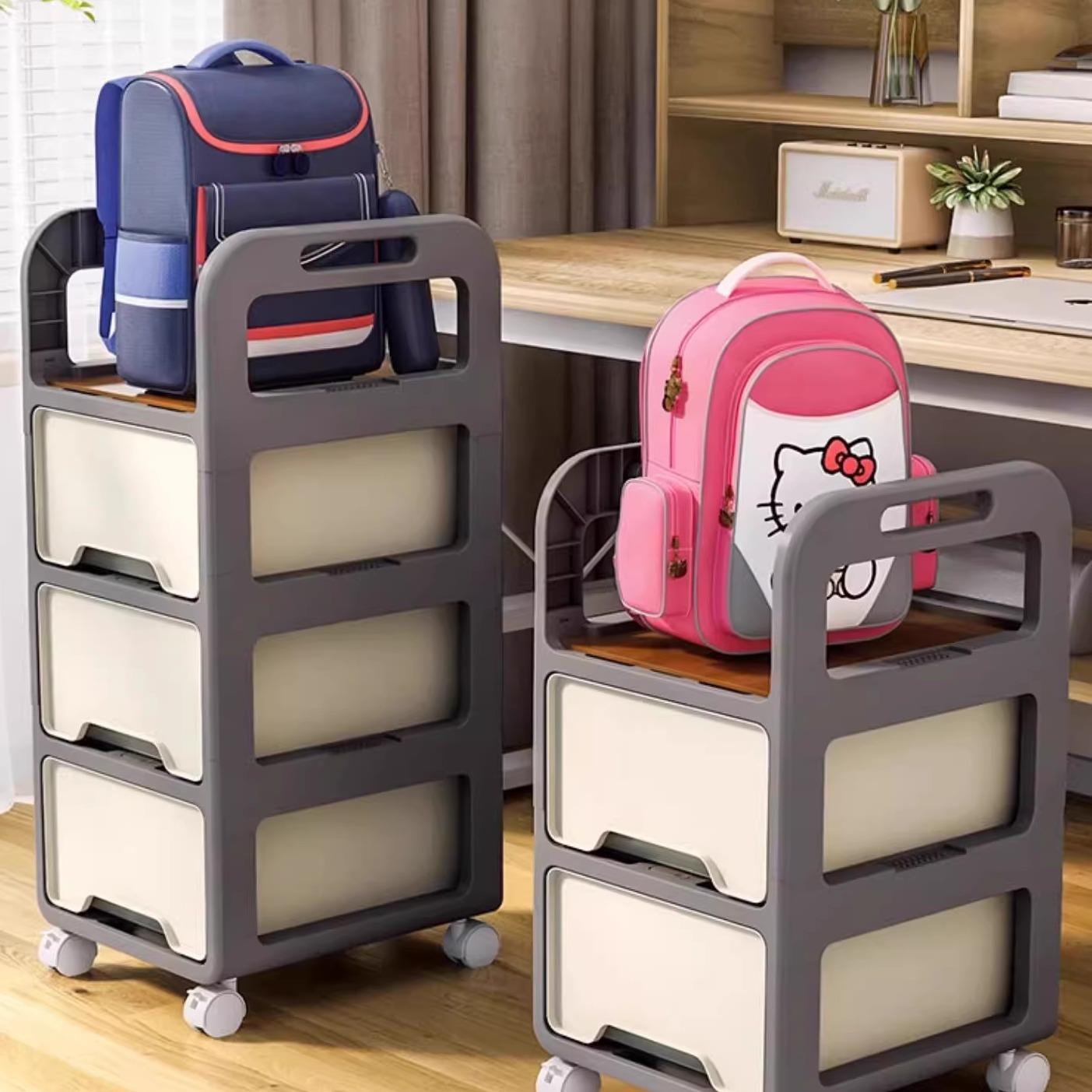 多功能桌下书包置物架简易书架落地家用书包抽屉柜带轮儿童收纳架