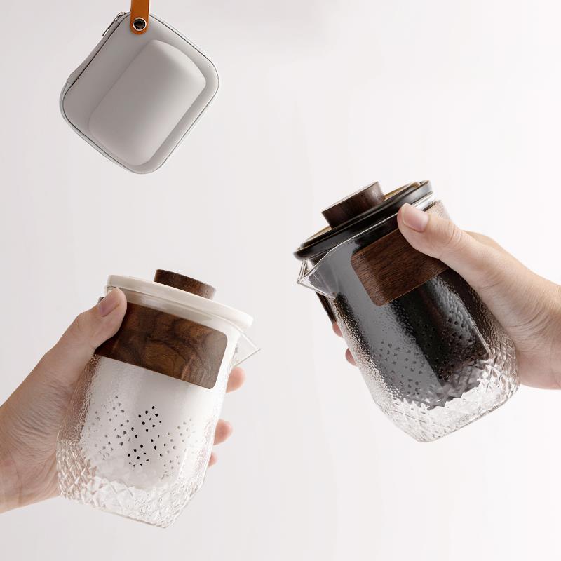 锤纹玻璃旅行茶具套装一壶三杯便携包户外随身功夫泡茶壶快客茶杯