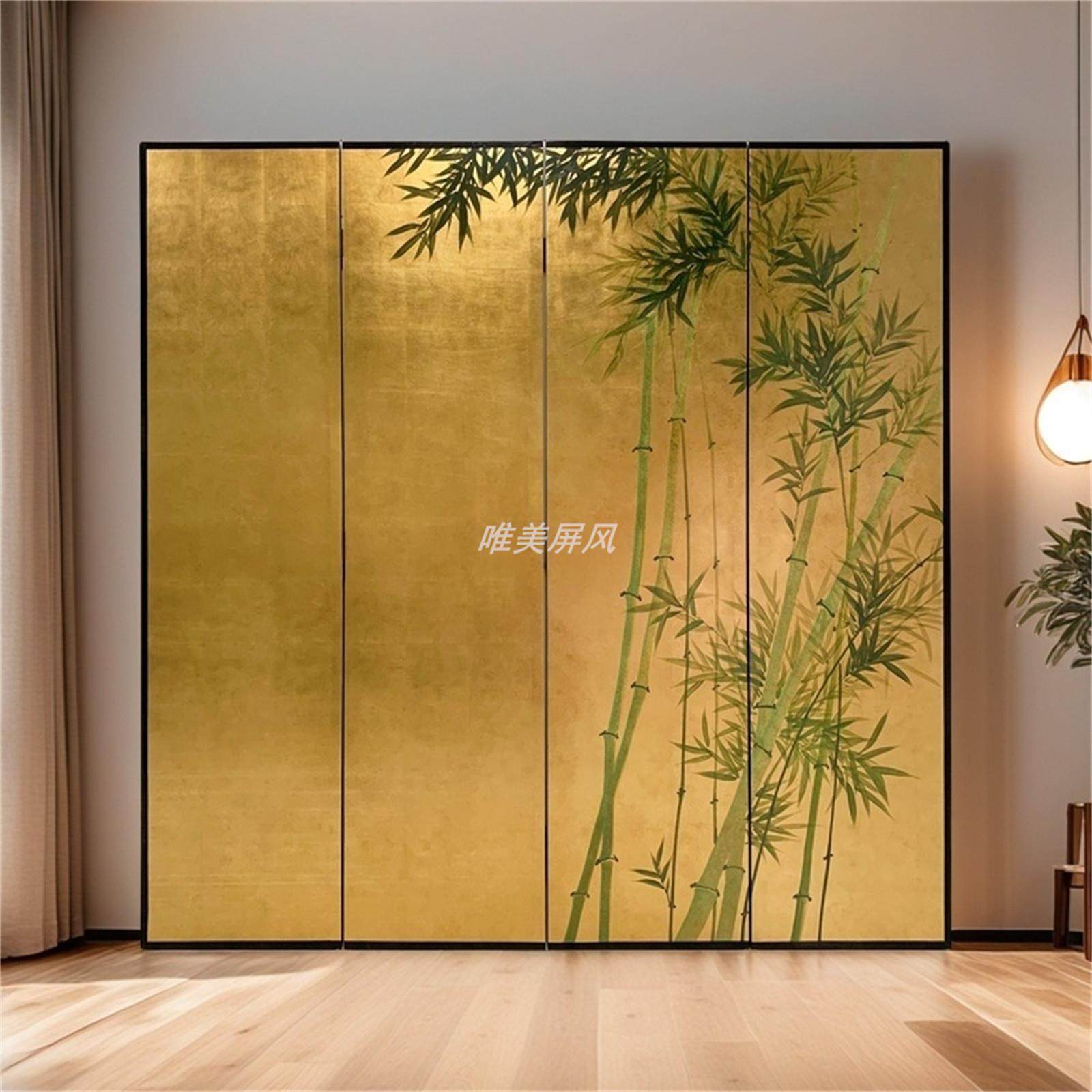 手绘绿竹金箔屏风简约现代风格实木生态板折屏 客厅背景墙画玄关